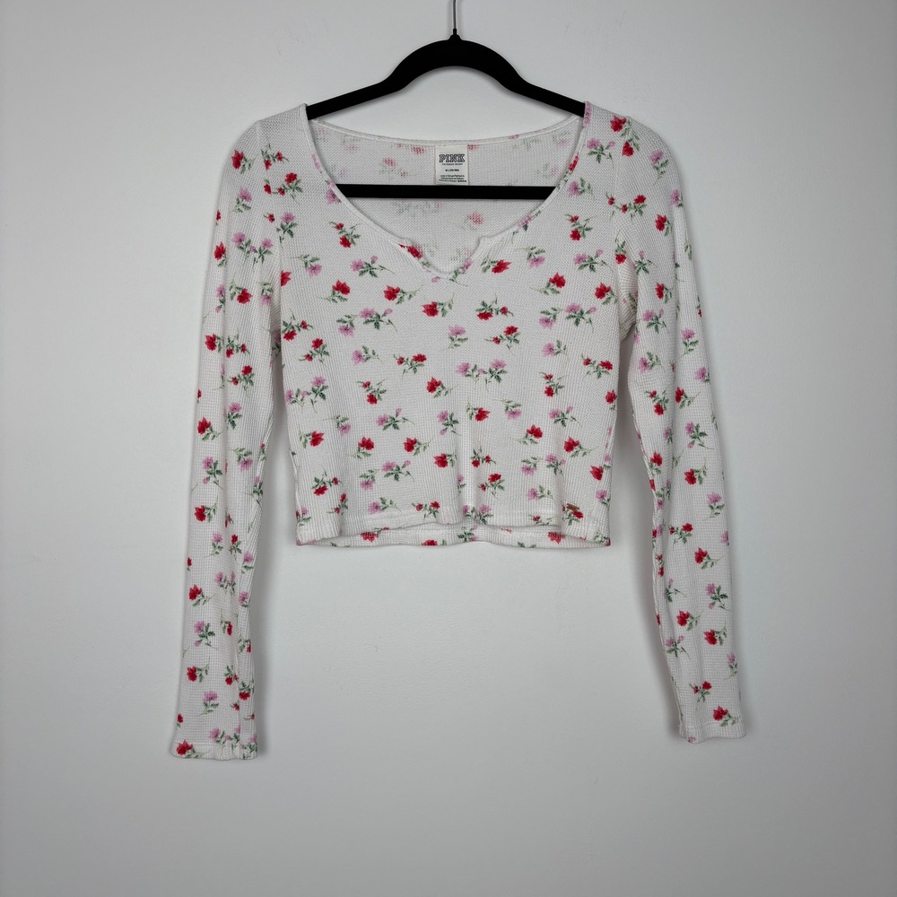 PINK Victorias Secret Womens‎ Waffle Knit Thermal Crop Top Size M White Floral